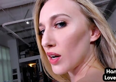 Busty blonde tugging lover's dick in POV