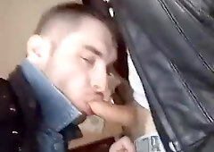 Young dude in leather and denim blow man meat by bad dude in leather jacket