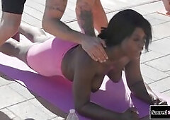 Ebony ts Ana Andrews and asian tgirl Billie Beaumont share yoga instructor in a 3some.He deepthroats their big cocks and then the black tranny barebac