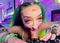 Below blacklight lasers Scarlett Rosewood takes Brian Omally doggy style whilst working her sextoy on her soaking twat. Festival bass drops as this ch