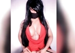 Oriental crossdresser downblouse rides vibrator and jerks knob