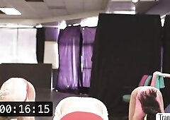 Trans sweetheart Gracie Jane gets lewd during the time that doing zumba with Queenie Sateen and their trainer Steve Ricks.After that,that babe bangs Q