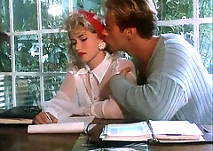 Blonde couple reenacts vintage American scenes with handjob and table sex
