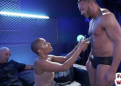 Ebony dominatrix face whipping male sub