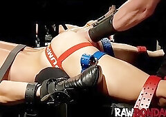 Hunky slave Devin Franco moans over intense double fisting and electro