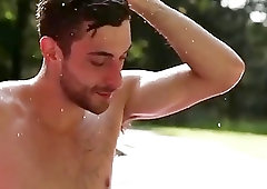 Two sexy guys hang out in the garden and fuck by the pool