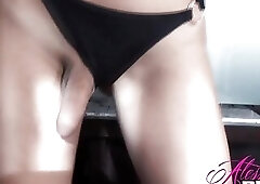 Tall blonde with long legs and firm tits strips off her bikini to jerk her cock