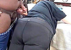 Hot Large Booty Curvy Blond mother I'd like to fuck In Yoga Panties Twerking & Teasing Ebony Dude, Jerking, Cum On Booty