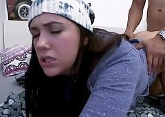 Woman with puffy nipples on her big naturals is taking in cock