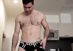 Hairy athletic stud Sam Cuthan masturbates big dick solo