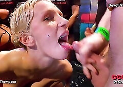 The short-haired golden-haired is surrounded and relentlessly used by a pack of hard schlongs. That babe opens wide, takes 'em unfathomable, and 