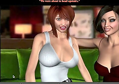 Redheaded woman with big breasts in a tight white top walks through an office hallway