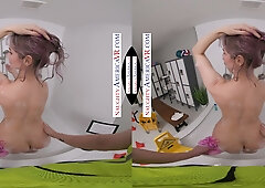 Bobbie Lavender rides Sam Shock in an intimate VR session with pink hair swaying