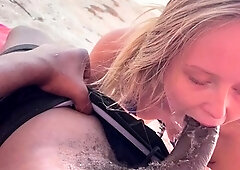 Amateur blonde sucking and fucking big black cock outdoors