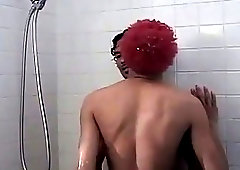 Black guys with big dicks jerk off in the shower together