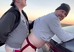 Wild outdoor fun with gay daddy bear getting bareback anal creampie