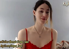 slim American trans beauty in red lingerie strokes her small cock on webcam