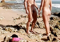 Lewd beauty and man strip on a public beach and masturbate - risky