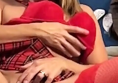 Sabrina in hawt red nylons showing off, using her large ebony sex toy and getting screwed