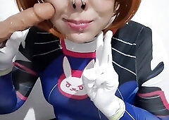 Femboy with Dva Cosplay and S&M Nosehook Giving a Oral pleasure, Eating Cum and Deepthroat to Large Vibrator