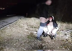 nun cosplay on leash receives hot cum on face on public road