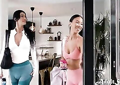 Tall TS Angel And Black Female Screw During A Indoor Workout Session