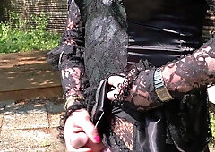 Smoking & Jacking - outdoor cum-shot in a brief satin gown and nylon stocking