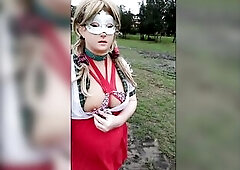 Sissy bitch flashing and cumming in a public park