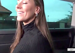 Mea Melone rides a man in the backseat with her natural tits bouncing