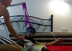 Naughty amateur enjoys BDSM and giving blowjob to her slave