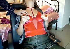 French amateur in red lingerie and leather pants kneels for oral and rimming