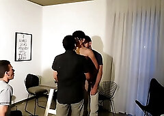 Short haired brunette is getting spit- roasted in a hotel room, the way she always wanted