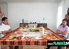 Busty stepmoms Lolly Dames and Sandy Love celebrate thanksgiving with their horny stepsons