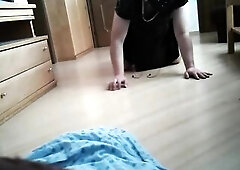 Sissy thrall Steffi totally locked in her outfit, diapers and an isolation mask. this babe can not watch or hear everything and desperately search for