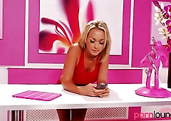 Big Boobed blonde in spandex fingers her cunt