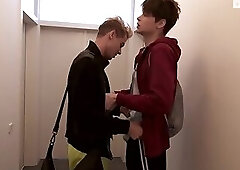 Two cute twinks after football fuck in the locker room