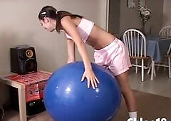 Chloe 18 execise with a ball and get horny. She strip off her clothes showing her natural tit and fingering her oussy closeup