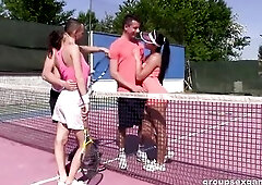 A game of tennis with sexy gals in short skirts makes the boyz lewd. And the cuties feel it. They lift up their skirts to entice 'em and they get
