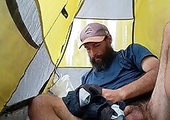 Dirty hiker shows off his big unshaved cock in a public setting