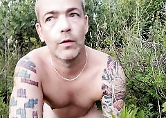 Bound myself, stuffed a large sex toy up my butt and walked restrained to a spot in plain view