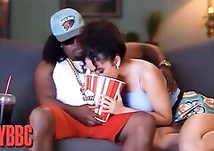 Artificial intelligence generated hottie head in pop corn box’s sucking dong during date