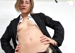 Wife Amber Sonata dominates you in her business suit with a strap-on