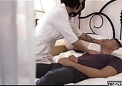 Busty nurse shemale helped a sick muscular guy to heal