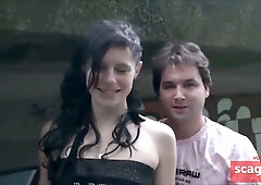 Brunette takes her lover hard on a graffiti-covered street ramp