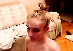 Skinny camgirl deepthroats a hard cock and gets facialized