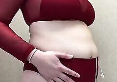 Belly Inflation In Dark Red Bikini