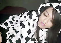 Little Trans Oriental Cow-Gal Likes Milk from Self Facial