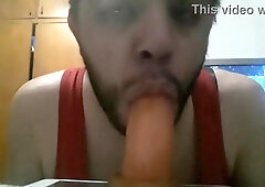 Deep-throating on mother's fucktoy trio
