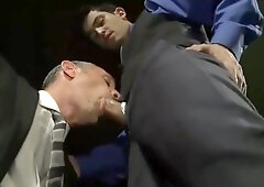 Two lucky mature businessmen get bukkake