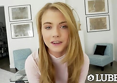 Dorm blonde with tiny boobs gets her tight shaved cunt hard drilled